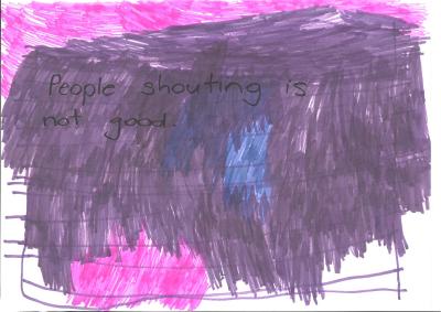 'People shouting is not good' text over coloured texta background coloured in purple, pink and blue