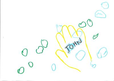 A hand-drawn, yellow right hand. Green and blue circle and love heart outlines are scattered around the hand with the name JOHN written on it
