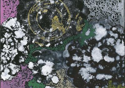 The signed artwork is on a black background with painted pink, silver and green squiggles with white blotches which look like clouds. Gold circles appear amongst the squiggles and blotches