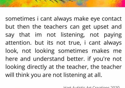 A painting of an eye with black eyelashes on a background of rainbow-coloured clouds. The centre of the eye is red and has a flower pattern. The bottom of the page has a photograph of an eye with some fingers near it. Text is in the middle between the two eyes. The artist feels misunderstood when not making eye contact