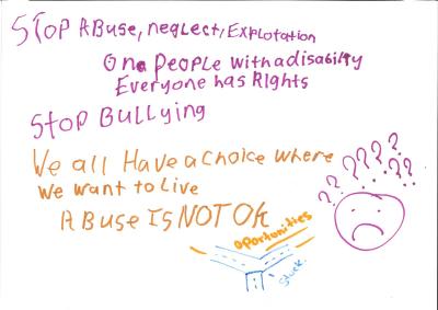 A hand-written story in purple and orange with a frowning face and questions marks. Sonia states that people with disability face too much abuse and bullying and this should stop