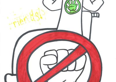 A drawing of a wheelchair user smiling with their thumbs up, 'Friends' is written in yellow. A red circle with a diagonal line covering a fist
