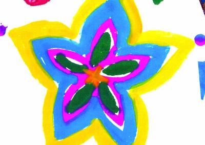 A painting of a flower with five petals yellow on the outside then blue, pink, green and orange