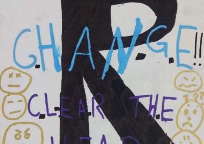 The words 'VENT!!' in yellow, 'CHANGE!!' in blue and 'CLEAR THE HEAD!!' in purple written over a large black letter 'R'. Twelve different kinds of faces, confused, angry, annoyed, scared, frustrated, sad, smiling, crying, drained, bored, disappointed, worried are on the bottom borders of the artwork