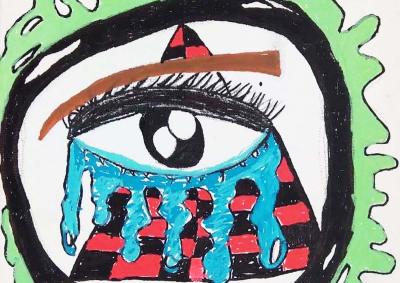 Artwork created by young people with disability and shows interpretations in the art of their experiences of engaging with child safety services and living in out-of-home care environments. The abstract artwork has one large eye with tears and is hovering over a chessboard inside a black circle and green random-shaped border 